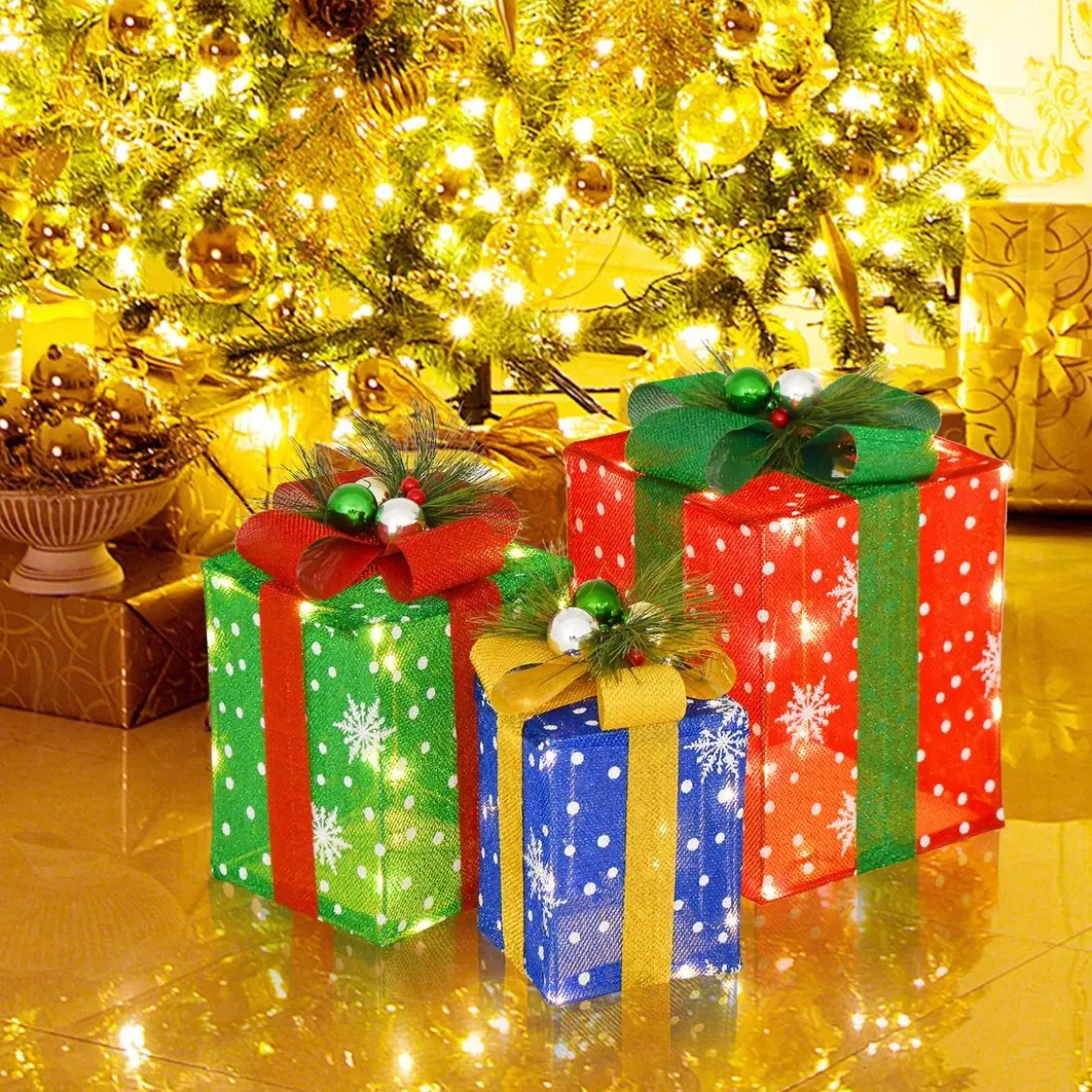 3er Set LED Geschenkboxen mit Schleife & 52 Warmweiß LEDs Wasserdichte Weihnachtenboxen