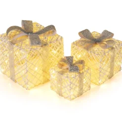 3er Set LED Geschenkboxen mit 48 Warmweißen LED Lichtern & Abnehmbare Schleifen
