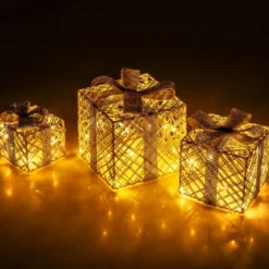 3er Set LED Geschenkboxen mit 48 Warmweißen LED Lichtern & Abnehmbare Schleifen
