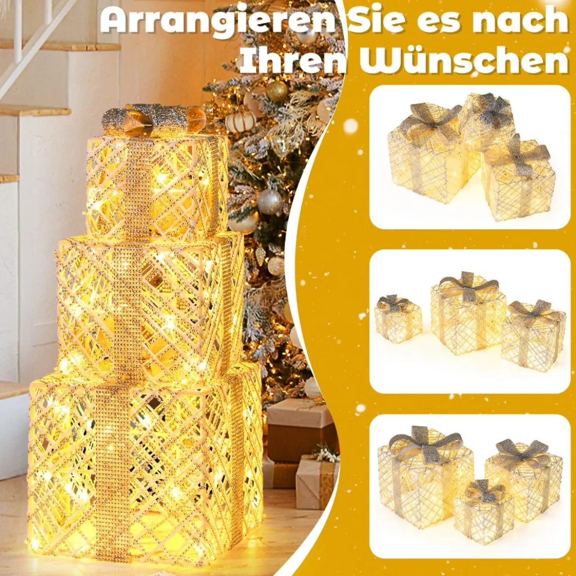 3er Set LED Geschenkboxen mit 48 Warmweißen LED Lichtern & Abnehmbare Schleifen