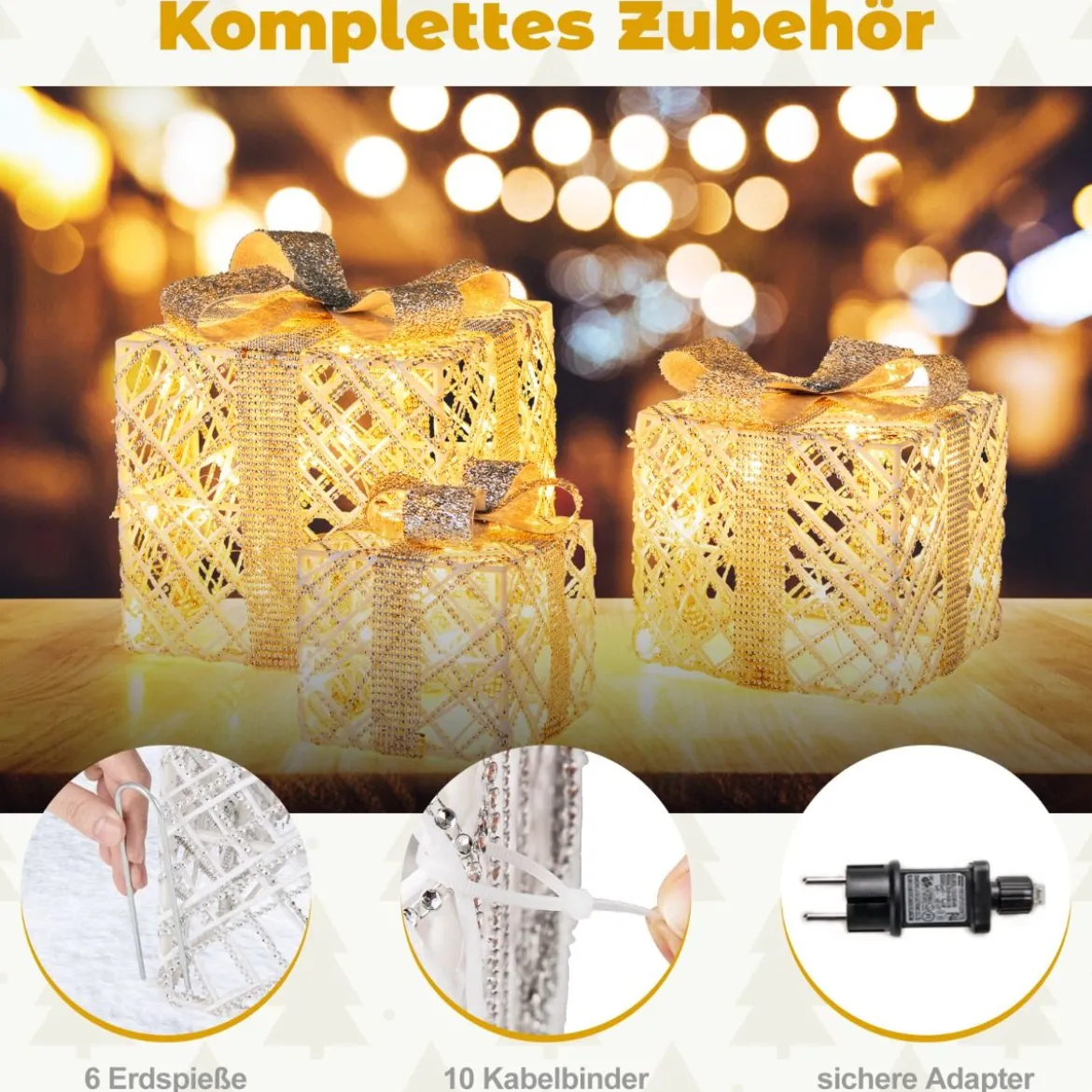 3er Set LED Geschenkboxen mit 48 Warmweißen LED Lichtern & Abnehmbare Schleifen