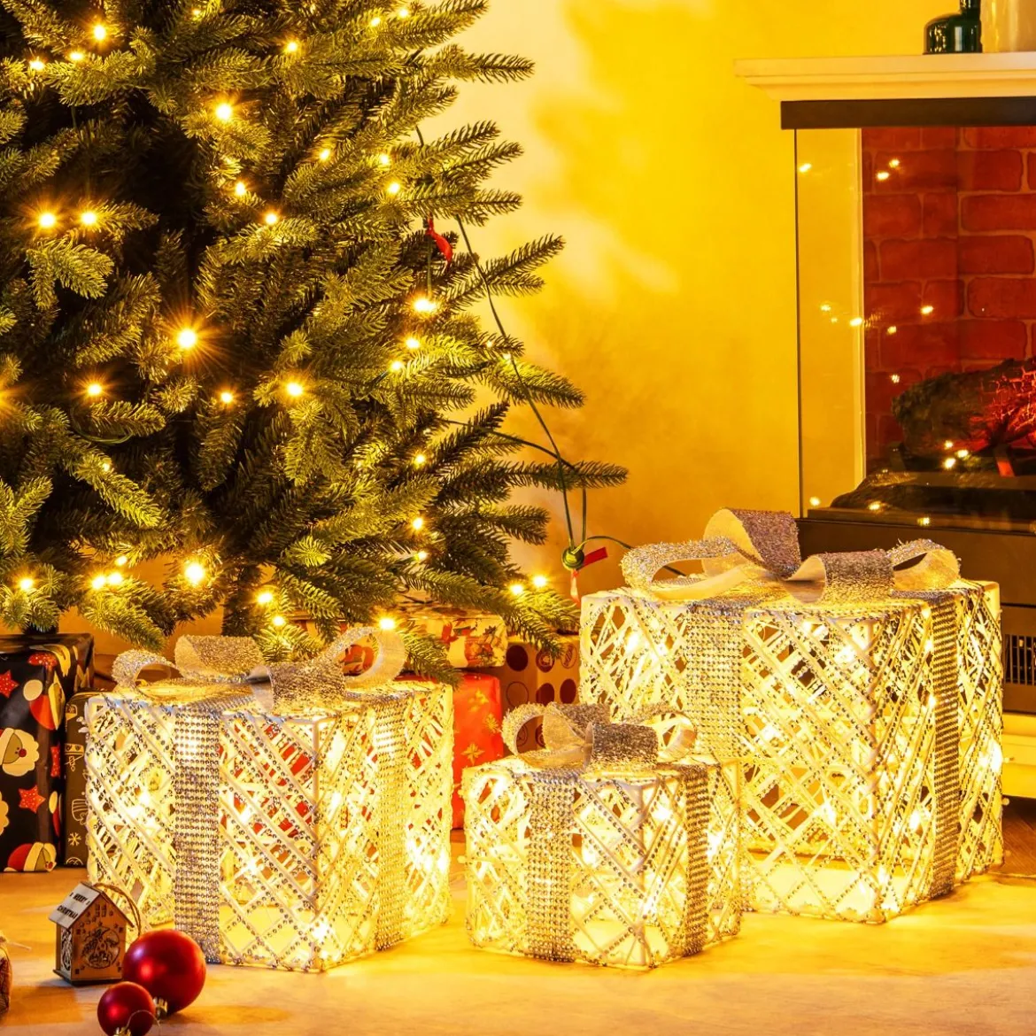 3er Set LED Geschenkboxen mit 48 Warmweißen LED Lichtern & Abnehmbare Schleifen