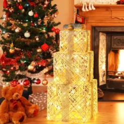 3er Set LED Geschenkboxen mit 48 Warmweißen LED Lichtern & Abnehmbare Schleifen