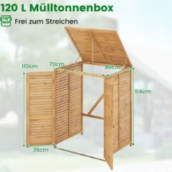 3er Set 120 L Holz Mülltonnenhaus mit Öffnendem Deckel & Doppeltüren & Abschließbarem Riegel
