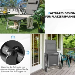 2er Set Liegestuhl aus Aluminium mit Rollen Klappbare Sonnenliege 137,5 x 75 x 23,5 cm Grau