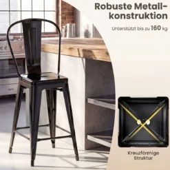 4er Set Metall Barhocker Ergonomischer Barstuhl mit Abnehmbarer Rückenlehne Schwarz