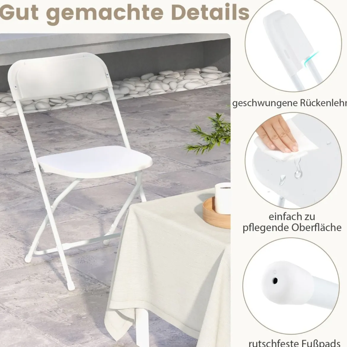 4er Set Metall Klappstühle mit Kunststoffsitz & Rückenlehne Tragbare Terrassenstühle Weiß