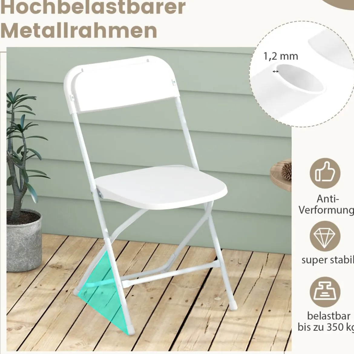 4er Set Metall Klappstühle mit Kunststoffsitz & Rückenlehne Tragbare Terrassenstühle Weiß