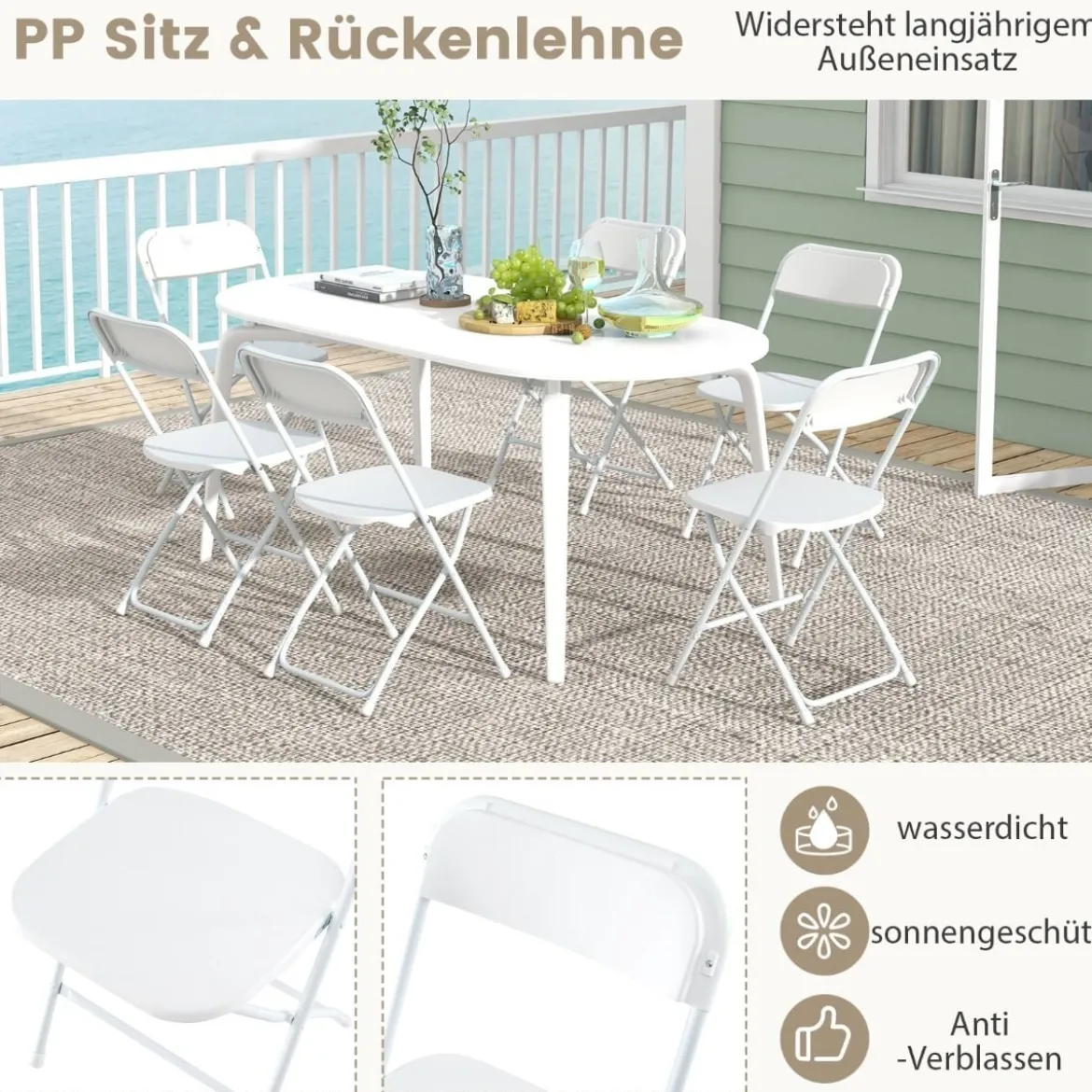 4er Set Metall Klappstühle mit Kunststoffsitz & Rückenlehne Tragbare Terrassenstühle Weiß