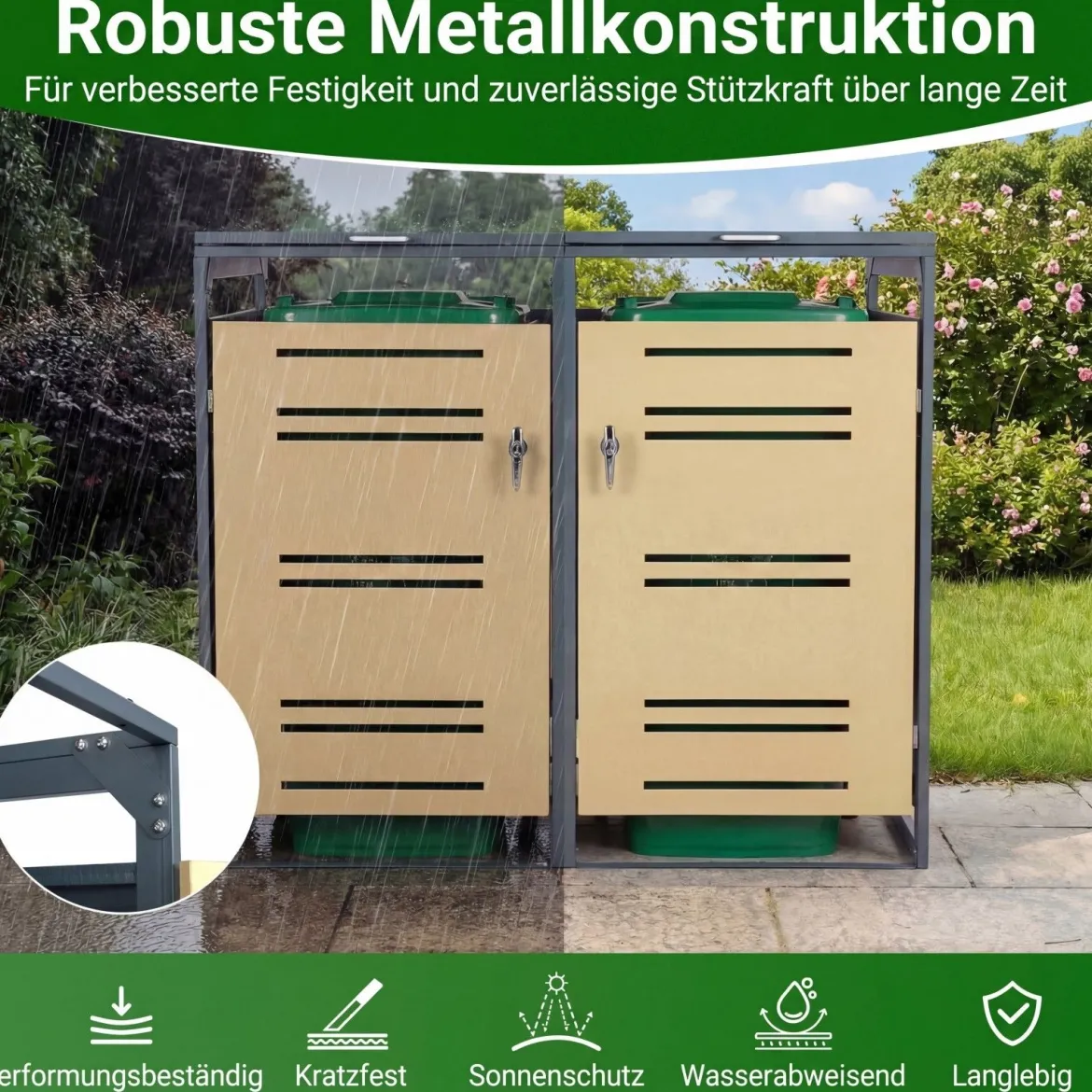 2er Set Mülltonnenbox für 2 x 120 L Mülltonne Wetterfester Gartenschuppen mit Abschließbarer Tür Grau und Gelb