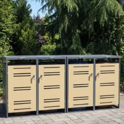 2er Set Mülltonnenbox für 2 x 120 L Mülltonne Wetterfester Gartenschuppen mit Abschließbarer Tür Grau und Gelb