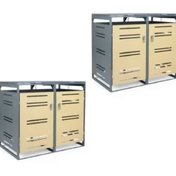 2er Set Mülltonnenbox für 2 x 120 L Mülltonne Wetterfester Gartenschuppen mit Abschließbarer Tür Grau und Gelb