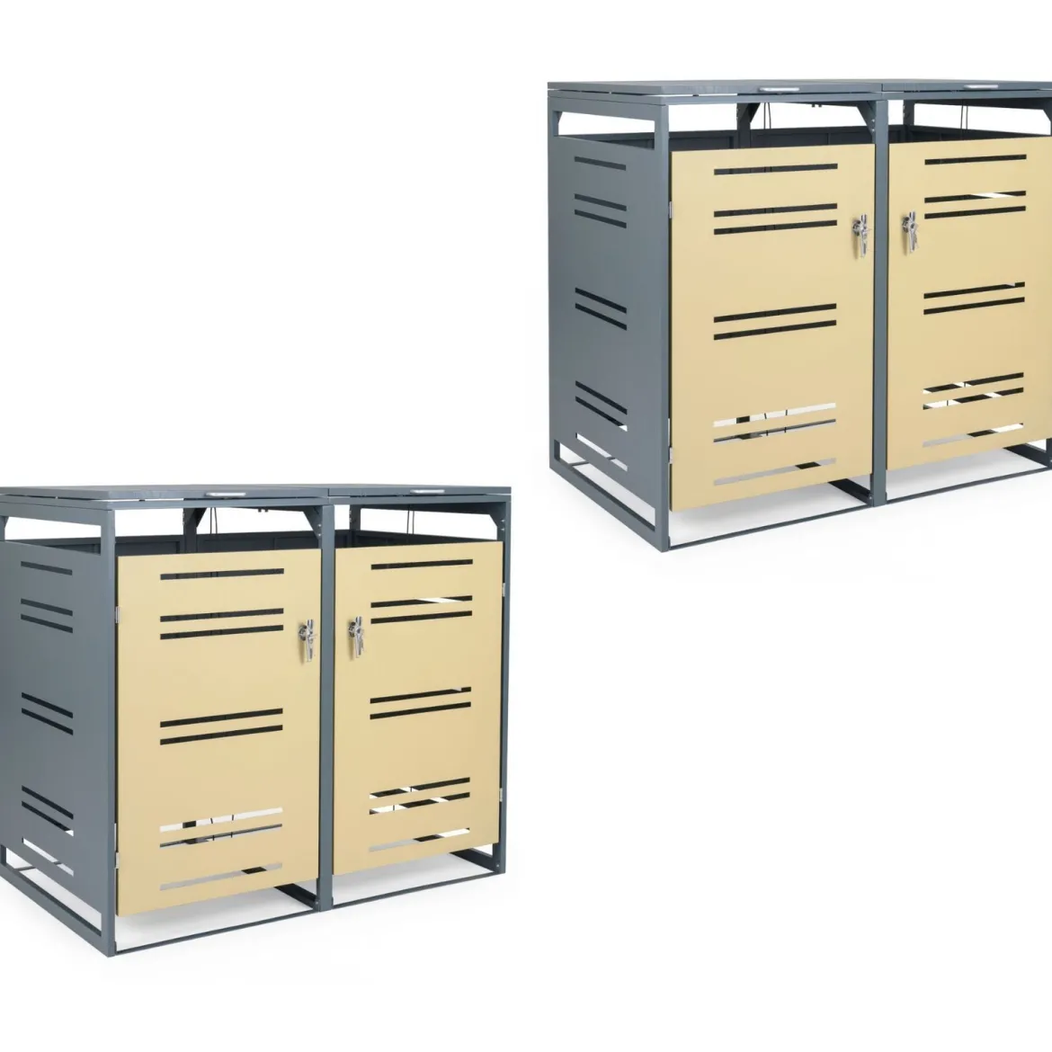 2er Set Mülltonnenbox für 2 x 120 L Mülltonne Wetterfester Gartenschuppen mit Abschließbarer Tür Grau und Gelb