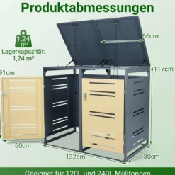 2er Set Mülltonnenbox für 2 x 120 L Mülltonne Wetterfester Gartenschuppen mit Abschließbarer Tür Grau und Gelb