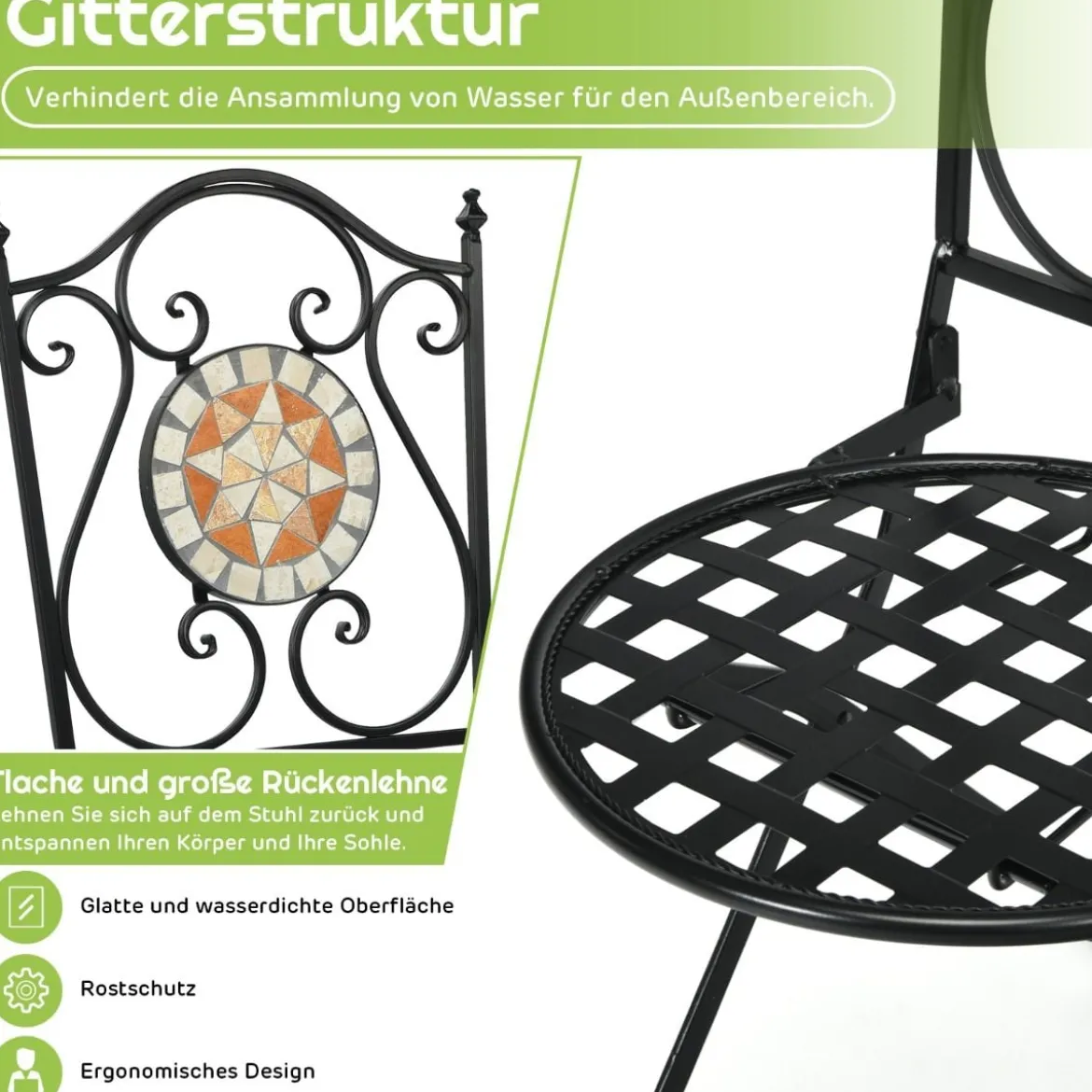 2er-Set Mosaik-Stühle Klappstuhl-Set aus Metall mit Rückenlehne 54 x 40 x 94,5 cm Schwarz