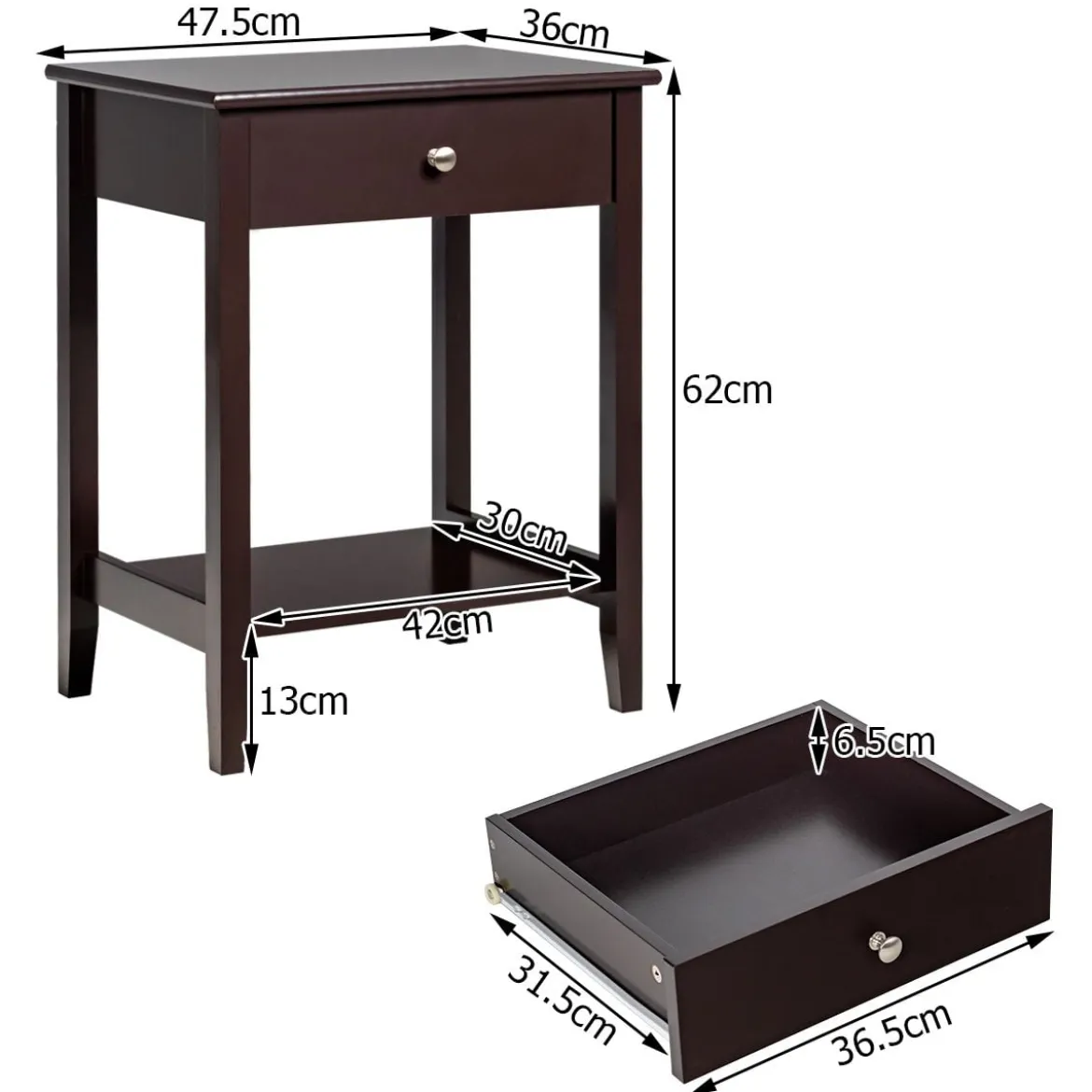 2er Set Nachttisch aus Holz mit Schiebeschublade Sofatisch 47,5 x 36 x 62 cm Braun