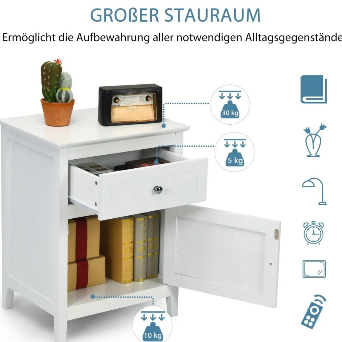 2er Set Nachttisch aus Kiefernholz mit Schublade und Tür 2-stufiger Akzenttisch Beistelltisch Weiß