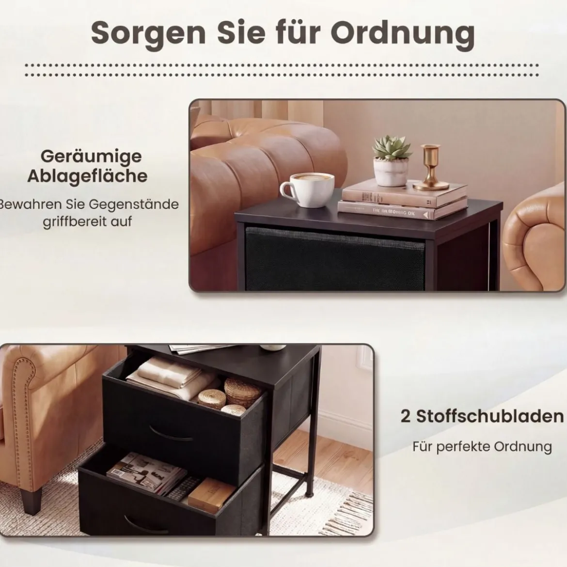 2er Set Nachttisch Beistelltisch mit 2 Stoffschubladen & Metallrahmen moderner Nachtschrank Schwarz