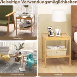 2er-Set Nachttische aus Bambus 2-stufiger Beistelltisch 40 x 40 x 45 cm Natur
