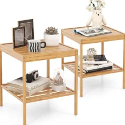 2er-Set Nachttische aus Bambus 2-stufiger Beistelltisch 40 x 40 x 45 cm Natur