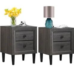 2er Set Nachttische Holz Beistelltisch mit 2 Schubladen Kaffeetisch modern Sofatisch Grau