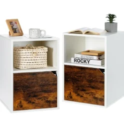 2er Set Nachttische Holz Beistelltisch mit offenem Regal & Türschrank 3 Ebenen Kaffeetisch Sofatisch Weiß