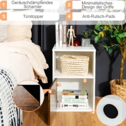 2er Set Nachttische Holz Beistelltisch mit offenem Regal & Türschrank 3 Ebenen Kaffeetisch Sofatisch Weiß