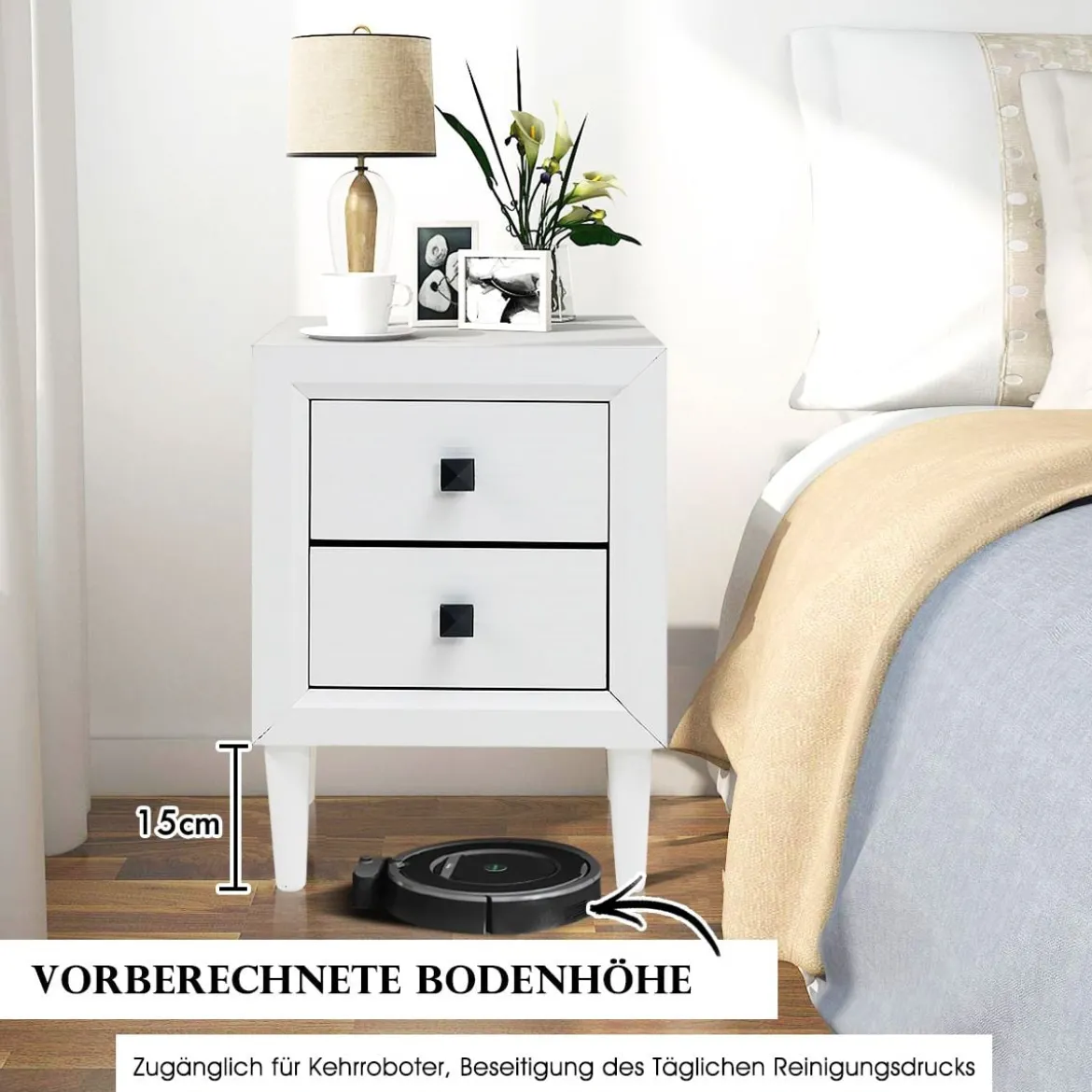 2er Set Nachttische Holz Beistelltisch mit 2 Schubladen Kaffeetisch modern Sofatisch Weiß