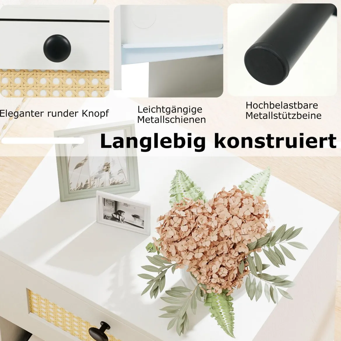 2er Set Nachttisch im Boho-Stil mit Rattan-Schublade 4 stabile Beine 2 Kippsicherungen