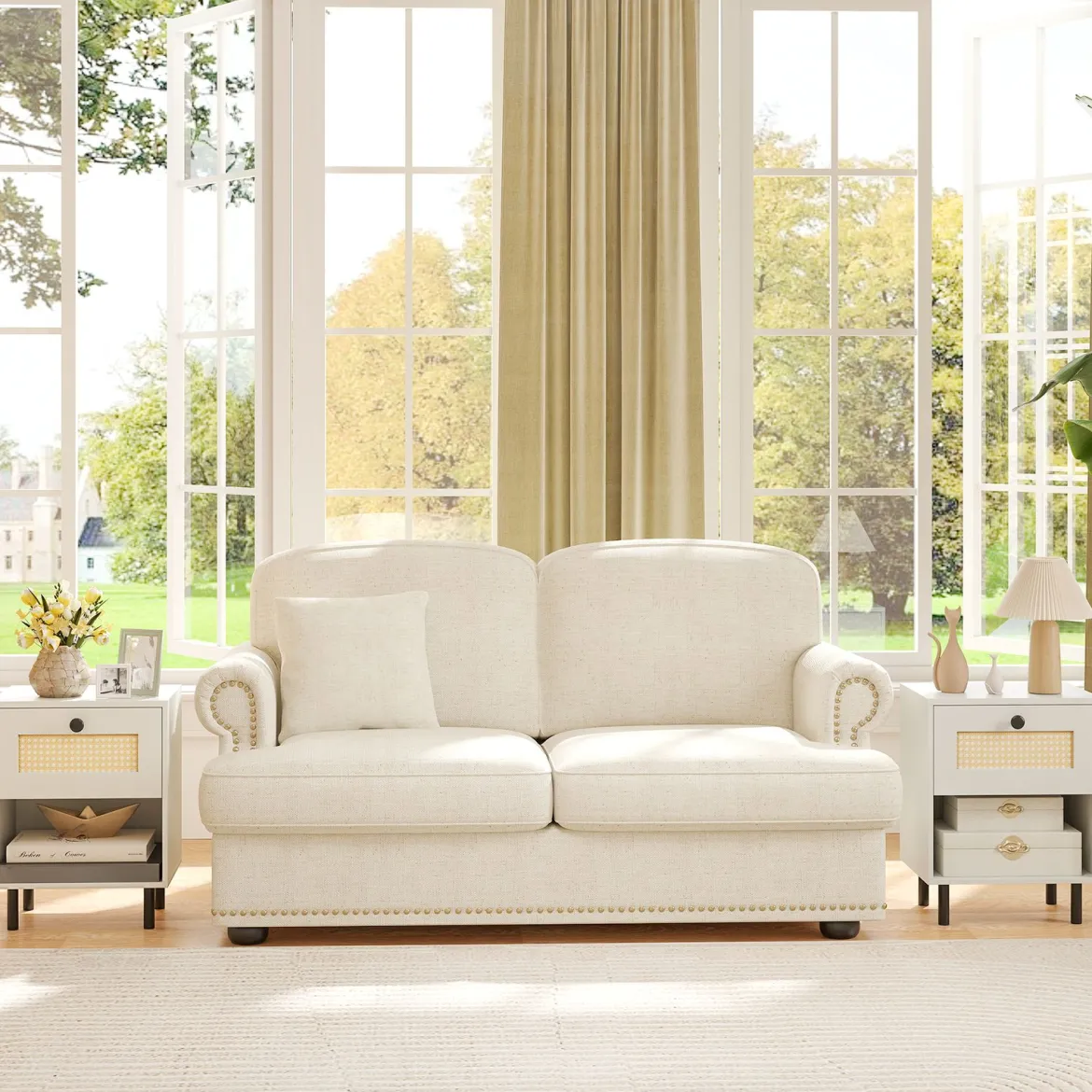 2er Set Nachttisch im Boho-Stil mit Rattan-Schublade 4 stabile Beine 2 Kippsicherungen