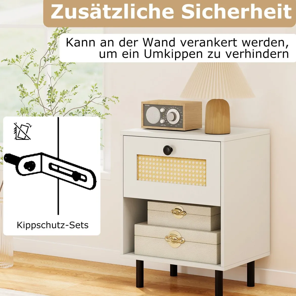 2er Set Nachttisch im Boho-Stil mit Rattan-Schublade 4 stabile Beine 2 Kippsicherungen
