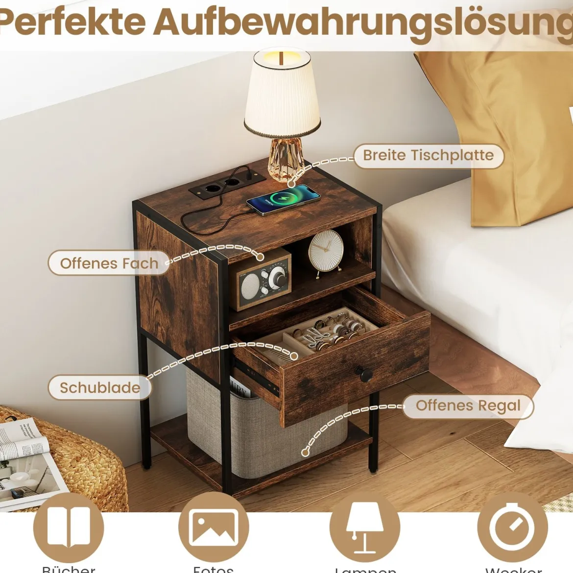 2er Set Nachttisch mit Ladestation Industrial Beistelltisch mit Offenem Fach Schublade & Ablage Rustikales Braun