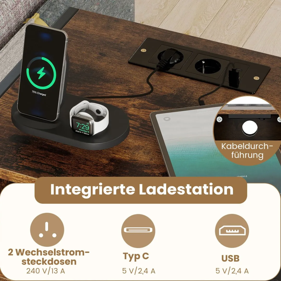 2er Set Nachttisch mit Ladestation Industrial Beistelltisch mit Offenem Fach Schublade & Ablage Rustikales Braun