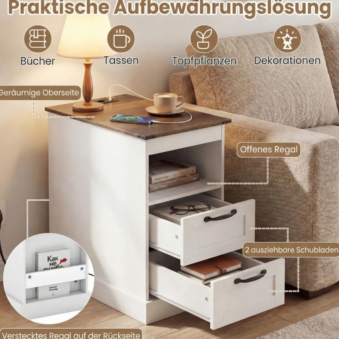 2er Set Nachttisch mit Ladestation Schmaler Beistelltisch mit Ablagefach & 2 Schubladen Weiß
