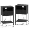 2er Set Nachttisch mit Ladestation Industrial Beistelltisch mit Offenem Fach Schublade & Ablage Schwarz