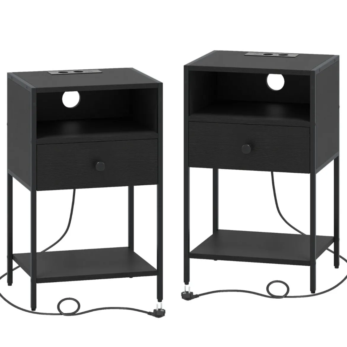 2er Set Nachttisch mit Ladestation Industrial Beistelltisch mit Offenem Fach Schublade & Ablage Schwarz