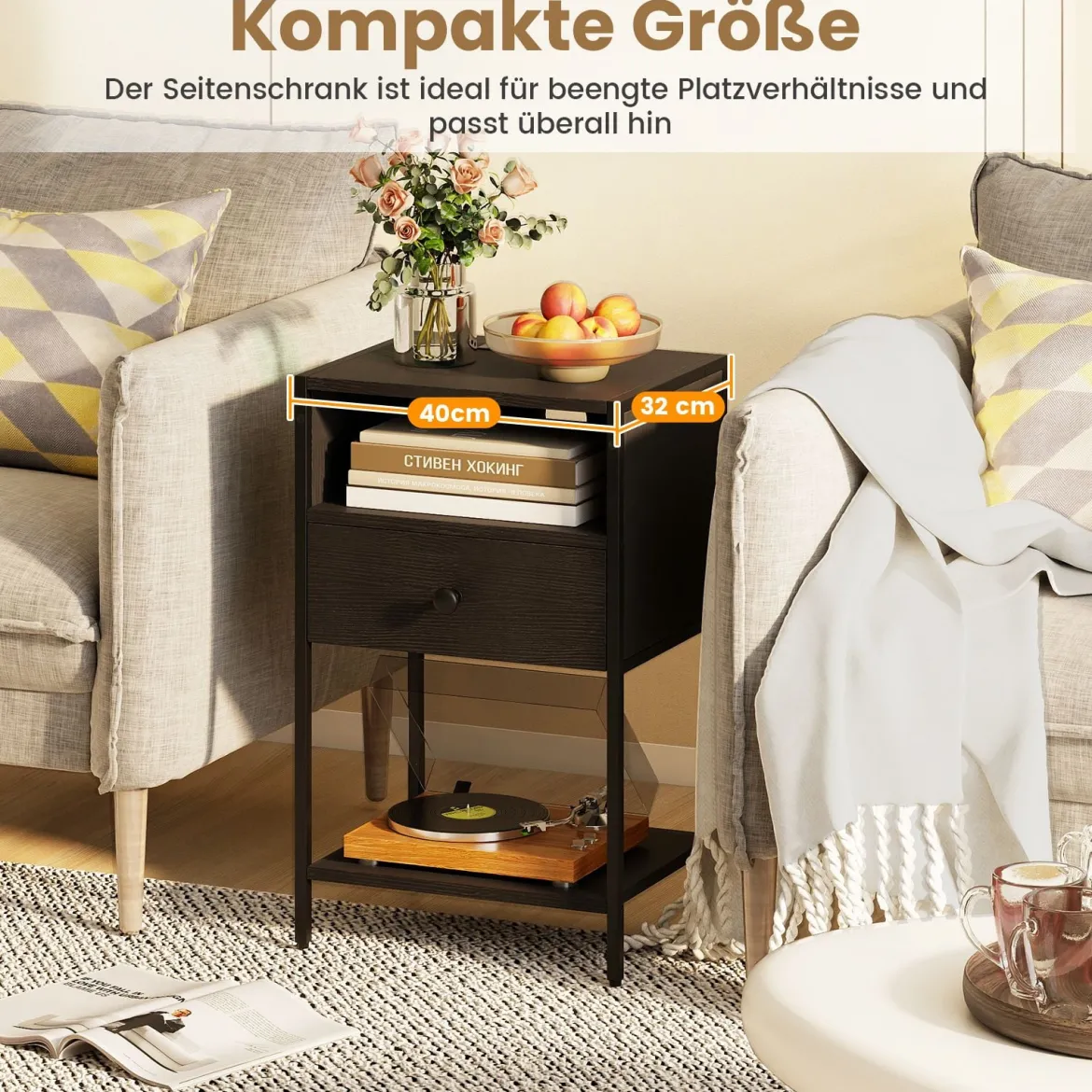 2er Set Nachttisch mit Ladestation Industrial Beistelltisch mit Offenem Fach Schublade & Ablage Schwarz