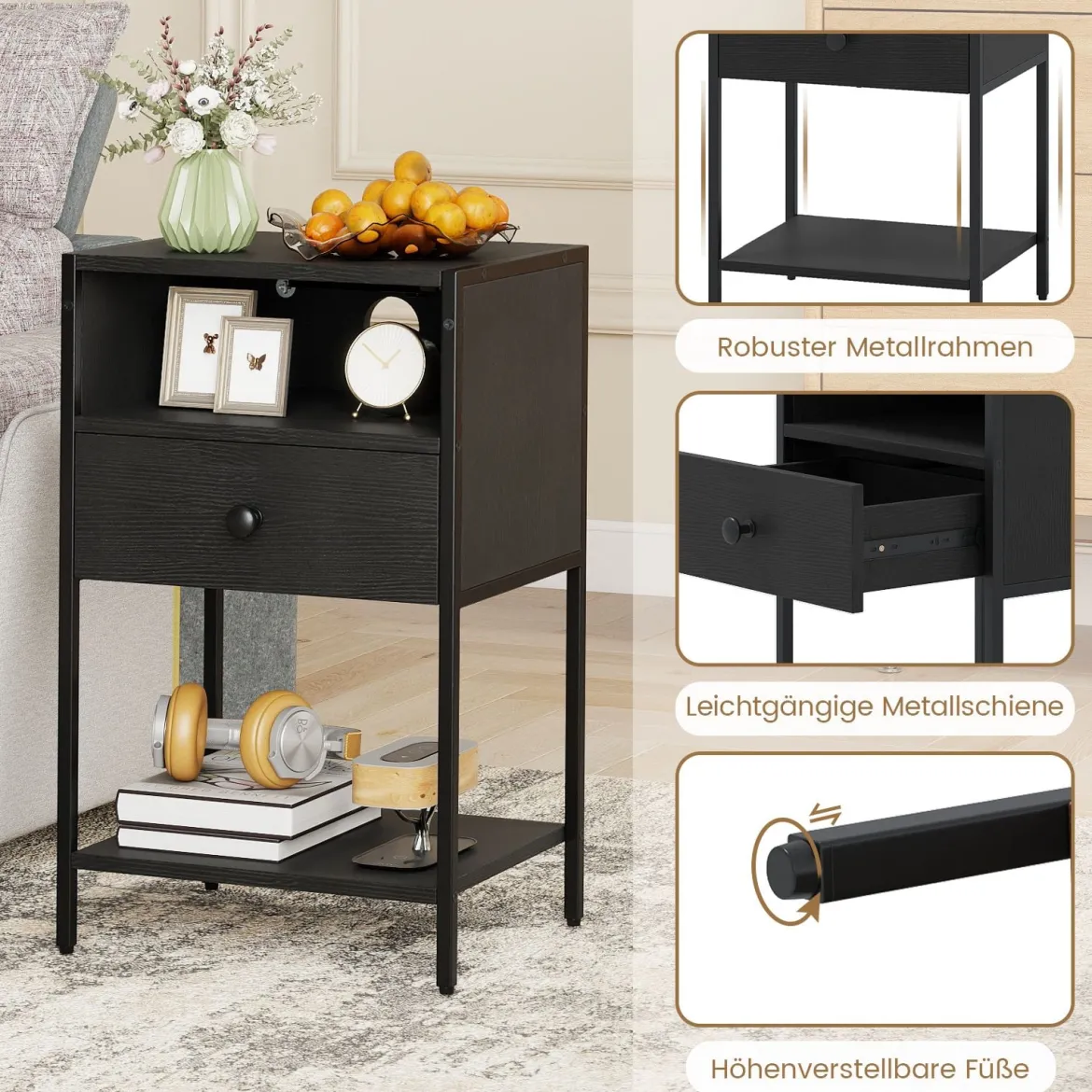 2er Set Nachttisch mit Ladestation Industrial Beistelltisch mit Offenem Fach Schublade & Ablage Schwarz