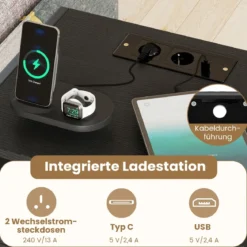 2er Set Nachttisch mit Ladestation Industrial Beistelltisch mit Offenem Fach Schublade & Ablage Schwarz