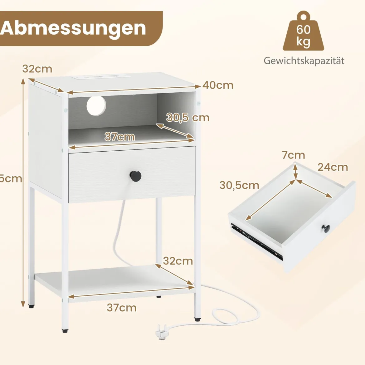 2er Set Nachttisch mit Ladestation Industrial Beistelltisch mit offenem Fach Schublade & Ablage Weiß