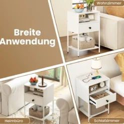 2er Set Nachttisch mit Ladestation Industrial Beistelltisch mit offenem Fach Schublade & Ablage Weiß