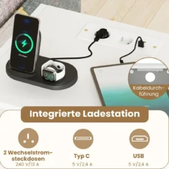 2er Set Nachttisch mit Ladestation Industrial Beistelltisch mit offenem Fach Schublade & Ablage Weiß