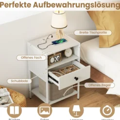 2er Set Nachttisch mit Ladestation Industrial Beistelltisch mit offenem Fach Schublade & Ablage Weiß