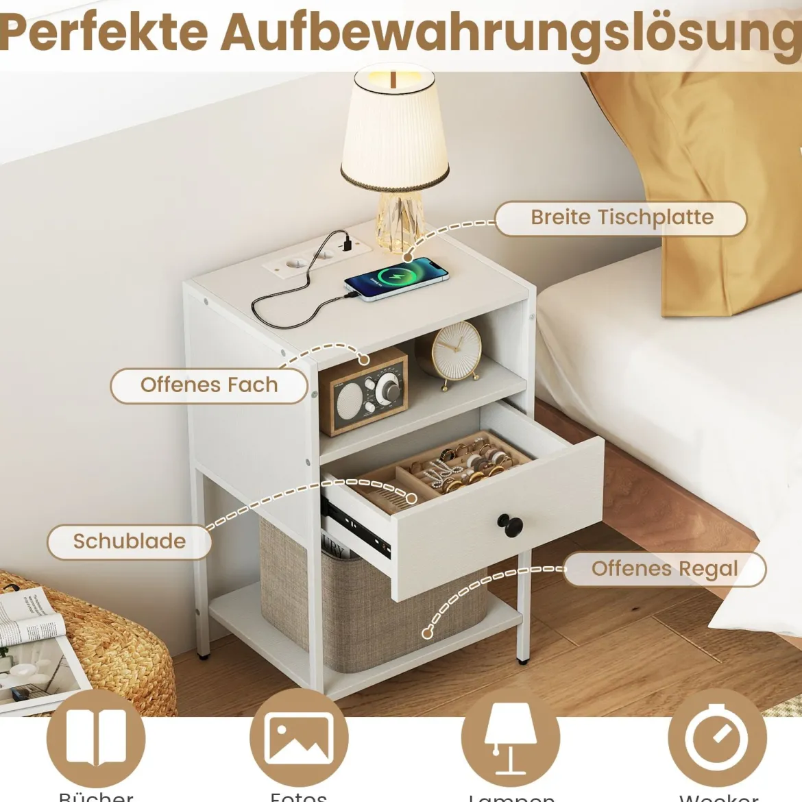 2er Set Nachttisch mit Ladestation Industrial Beistelltisch mit offenem Fach Schublade & Ablage Weiß