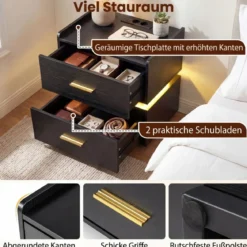2er SetNachttisch mit Ladestation LED-Bettisch 2 Schubladen modern halb-schwebend Schwarz