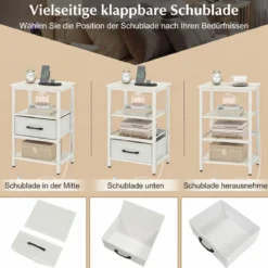 2er Set Nachttisch mit Ladestation Beistelltisch mit Stoffschublade & Ablagefächern Weiß