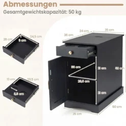 2er Set Nachttisch mit Ladestation Beistelltisch mit Verstellbarem Regal Holz Nachtschrank Schwarz