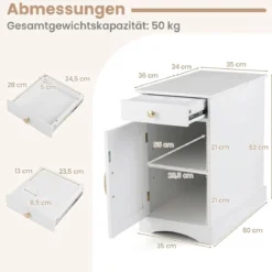 2er Set Nachttisch mit Ladestation Beistelltisch mit Verstellbarem Regal Holz Nachtschrank Weiß