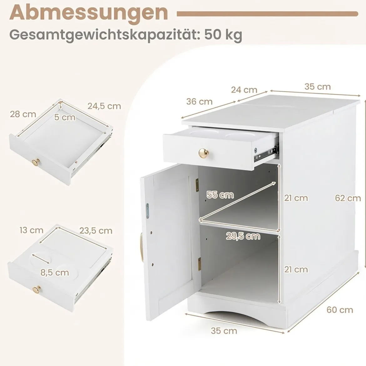2er Set Nachttisch mit Ladestation Beistelltisch mit Verstellbarem Regal Holz Nachtschrank Weiß