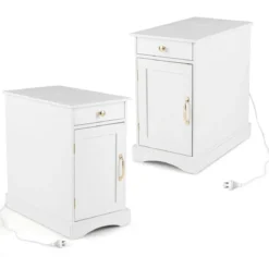 2er Set Nachttisch mit Ladestation Beistelltisch mit Verstellbarem Regal Holz Nachtschrank Weiß